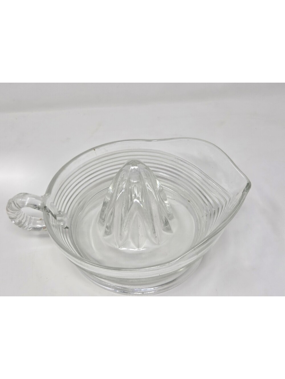 Vintage Clear Glass Citrus Juicer Reamer With Ribbed Design & Ring Handle